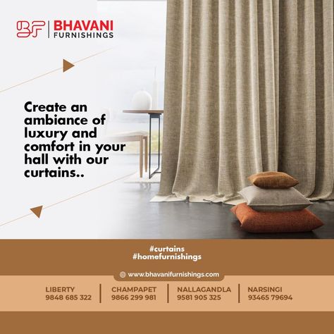 Let's create an ambiance of luxury and comfort in your hall. Create a space worth living in with our premium curtains. To Get the best deals visit our stores now. #curtains #interiordesign #homedecor #blinds #interior #design #home #decor #curtainsdesign #curtain #windowtreatments #interiors #upholstery #rollerblinds #homedesign #furniture #shutters #fabrics #wallpaper #architect #curtainshop #bhavanifurnishings #hydarchitects #hydinteriors #hydarchitecture #customisedcurtains #homefurnishing Curtain Poster Design, Blinds Interior Design, Advertising Ideas Marketing, Interior Design Curtains, Curtain Installation, Banner Design Inspiration, Advertising Ideas, Posters Design, Curtain Shop