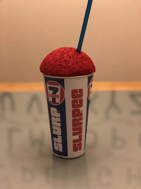 I wanted to have a Slurpee cup included in my Stranger Things themed party decorations, so I found a downloadable print of the 80’s Slurpee cup, and I added a styrofoam ball on top of the cup for Alexei’s favorite flavor. Stranger Things Props Diy, The Party Stranger Things Aesthetic, Upside Down Decorations Stranger Things, Stranger Things Party Decorations, Stranger Things Themed Party, Stranger Things Ice Cream Shop, Stranger Things Party Upside Down, Stranger Things Food, Slurpee Cup