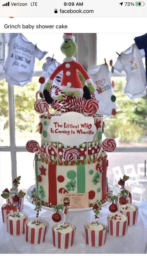 Christmas Themed Sprinkle, Grinch Baby Reveal, Grinch Diaper Cake, Grinch Baby Shower Cookies, Whoville Christmas Dinner, Grinch Gender Reveal Party, Whoville Gender Reveal, Grinch Baby Shower Cake, Baby Grinch Baby Shower Ideas