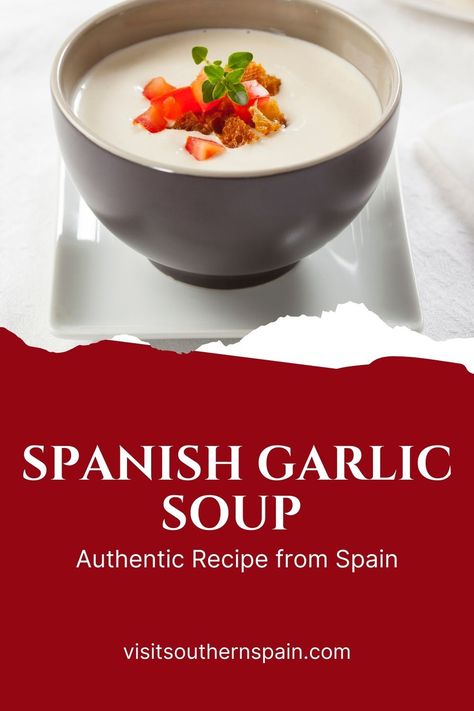 Are you looking for a Cold Garlic Soup recipe? The Ajo Blanco recipe is an Andalusian specialty for all the garlic lovers out there, having a unique taste. Ajo Blanco soup is a garlic soup recipe that is served during summertime and you can find it all over Spain, in restaurants and supermarkets alike. The ajoblanco recipe's main ingredients are garlic and almond, making the Spanish garlic soup a healthy and nutritious one. #coldgarlicsoup #ajoblanco #coldspanishsoup #garlicsoup #summersoup Spanish Garlic Soup Recipe, Cold Desserts Summer, Garlic Soup Recipe, Spanish Dessert Recipes, Authentic Spanish Recipes, Spanish Soup, Easy Spanish Recipes, Cold Soup Recipes, Cold Soups