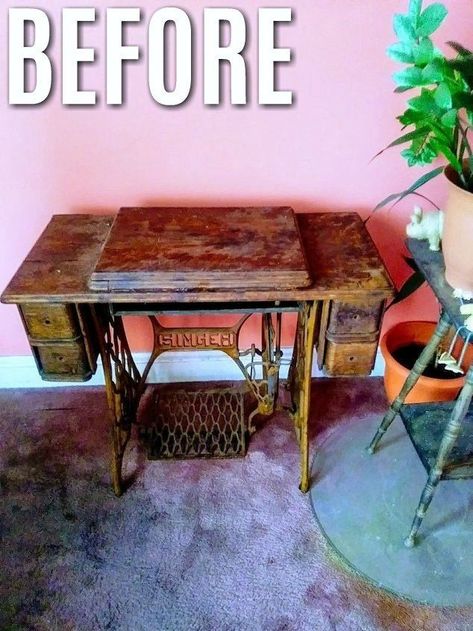 I love how it turned out!  #howto #diy #diys #craft #crafts #crafting #howto #ad #handmade #homedecor #decor #makeover #makeovers #redo #repurpose #reuse #recycle #recycling #upcycle #upcycling #unique #furniture #furnituremakeover #furnitureredo #thrifting #thriftstore Old Sewing Tables, Upcycle Chair, Upcycle Storage, Vintage Singer Sewing Machine, Old Sewing Machine, Sewing Machine Cabinet, Sewing Machine Table, Treadle Sewing Machines, Antique Sewing Table