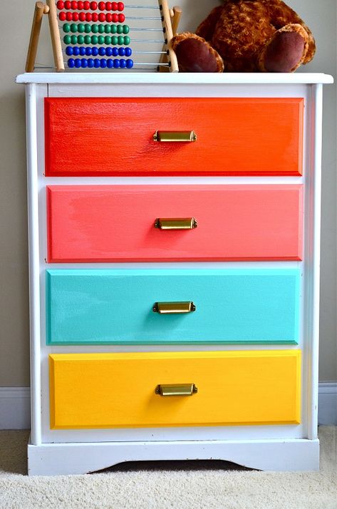 Colourful DIY dressers from Decoist! Love this neon-coloured one. Kidcore Bedroom, Rainbow Bedroom, Painted Drawers, Rainbow Room, Kids Dressers, Diy Dresser, Dresser Makeover, Funky Furniture, Teen Bedroom