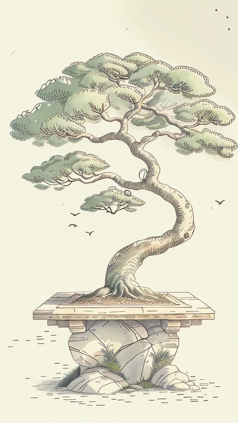 Sketch bonsai tree Japan Tree Drawing, Bonsai Illustration Design, How To Draw A Bonsai Tree, Japanese Tree Illustration, Chinese Tree Drawing, Ancient Tree Drawing, Bonsai Art Drawing, Japanese Tree Drawing, Zen Garden Drawing