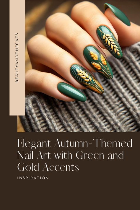 Embrace the beauty of fall with this stunning autumn-themed nail art! Featuring medium-length green nails with intricate golden wheat designs, this manicure is perfect for the season. Ideal for anyone looking to add a touch of elegance and nature-inspired charm to their style. Get inspired by this cozy, autumn-ready look. #NailArt #AutumnNails #GreenNails #FallManicure #NatureInspiredNails Wheat Nail Art, Wheat Nails, Art With Green, Autumn Nail Designs, Green Autumn, Wheat Design, Autumn Nail, Fall Manicure, Golden Wheat