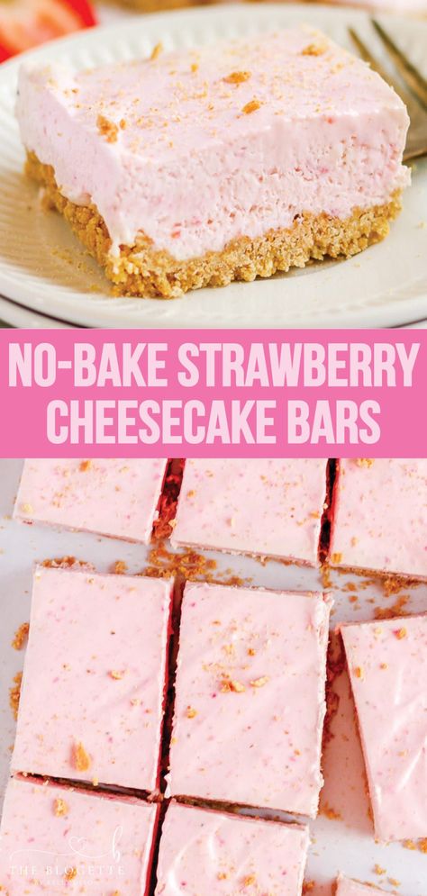 Strawberry Cheesecake Bars start with a graham cracker crust, a layer of cheesecake, and then a no-bake strawberry cheesecake layer. 9 By 13 Desserts, Strawberry Squares, Cheesecake Strawberry, Easy Strawberry Cheesecake, Strawberry Cheesecake Bars, Cheesecake Layer, Strawberry Dessert Recipes, Smart School, Baked Strawberries