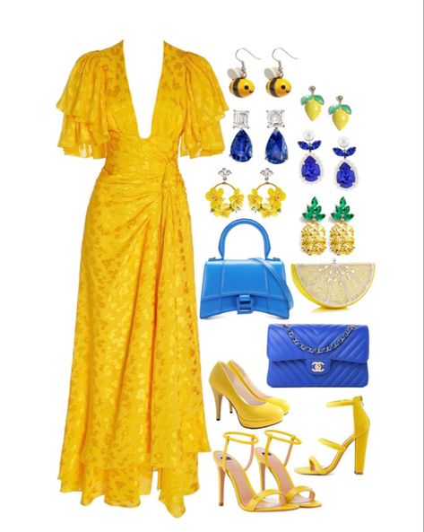 How To Style Yellow Dress, Yellow Earrings Outfit, Blue And Yellow Outfit Ideas, Blue And Yellow Outfit, Yellow Dress Outfit, Red Beret, Gas Masks, Yellow Maxi Dress, Yellow Maxi