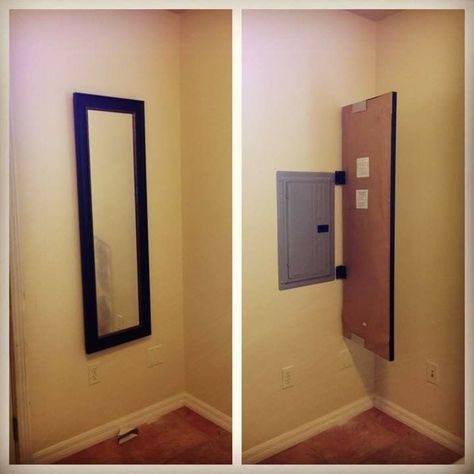 Mirror To Cover Electrical Panel, Door To Hide Electrical Panel, Breaker Box Cover Ideas Bedrooms, Cover Electrical Box Inside, Cover Up Electrical Box Inside, Electricity Box Cover Ideas Indoor, Hide Electrical Panel Indoor, Hide Breaker Box, Hide Electrical Panel