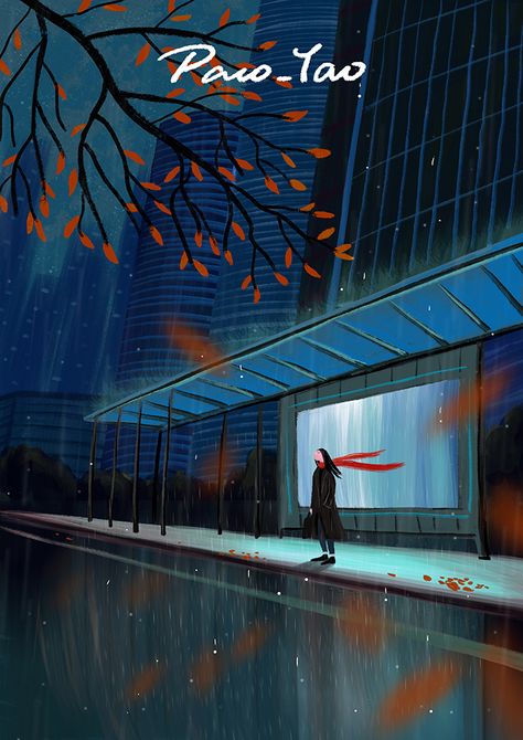 Night Aesthetic Illustration, Rainy Night Illustration, Anime Aesthetic Scenery, Scenery Rain, Rainy Illustration, Paco Yao, Rain Illustration, Aesthetic Scenery, Night Illustration