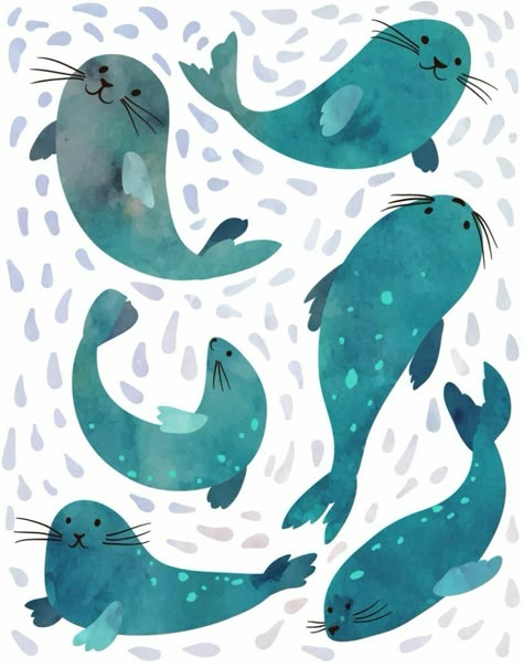 Seal Swimming, Cartoon Seal, Tattoo Animal, Sea Illustration, Cute Seals, Happy Painting, Ocean Tattoos, Trendy Tattoo, Sea Lion