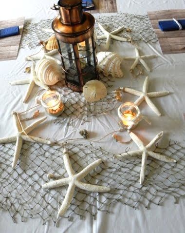 designing+a+tablescape+beach+theme+with+fishing+net | table runner as seen on nautical beach theme table settings Nautical Table Decor, Nautical Bridal Showers, Coastal Table, Nautical Table, Beach Table, Beach Themed Party, Nautical Party, Centerpiece Ideas, Festive Tables