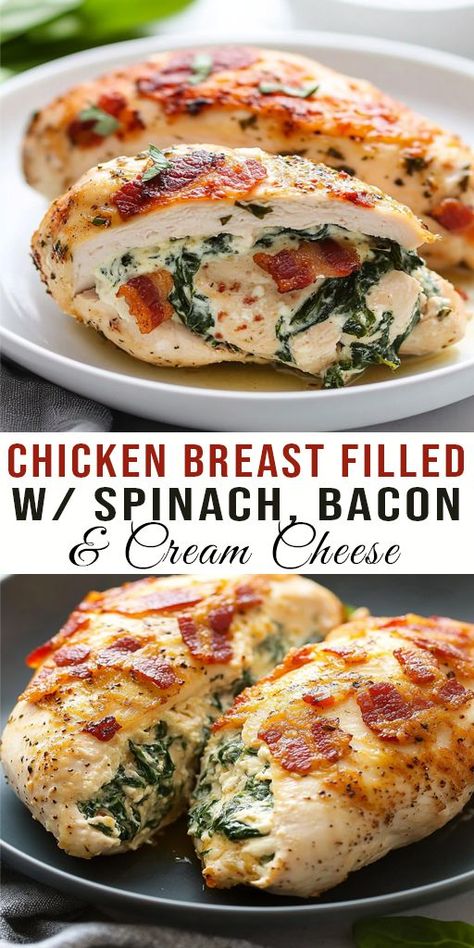 🥓🍗 Stuffed chicken breasts with spinach, bacon, and cream cheese are the ultimate comfort food! This easy recipe is bursting with flavor and perfect for a delicious dinner. The creamy filling pairs perfectly with the tender chicken, and the crispy bacon adds a savory crunch. Serve it with roasted veggies or mashed potatoes for a complete, satisfying meal that will impress everyone at the dinner table. #StuffedChicken #ChickenBreastRecipe #CreamyChicken #SpinachAndBacon Chicken Breast With Bacon, Stuffed Chicken Breast Cream Cheese, Juicy Chicken Breast, Cream Cheese Spinach, Stuffed Chicken Breast Spinach, Stuffed Chicken Breasts, Stuffed Chicken Breast, Chicken Breast Recipe, Cream Cheese Chicken