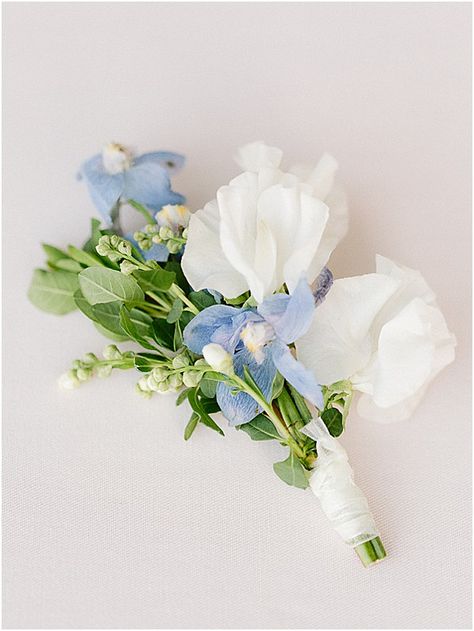 White And Blue Flower Boutonniere, Spring Dusty Blue Wedding, Blue White Boutonniere, Light Blue Flowers Wedding, White Blue Boutonniere, Blue Boutineer, Blue Delphinium Boutonniere, Blue Buttonholes, Minimal Flower Wedding