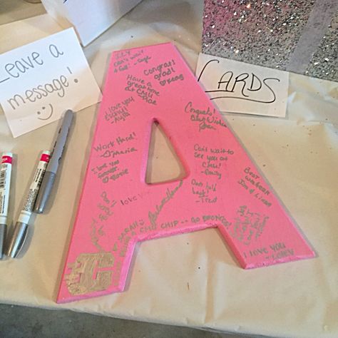 This was a huge hit and great idea for my open house. Wooden letter for anyone to sign and take it with you to college! We bought the letter at Joanns and painted it pink then used metallic silver sharpies! Sweet 16 Memory Ideas, Unique Sweet 16 Ideas, Pink Open House Graduation, 15th Birthday Party Ideas At Home, Birthday Ideas Sweet 16, 16 Birthday Party Ideas At Home, Open House Ideas For Seniors, 13th Birthday Party Ideas For Teens, Golden Birthday Themes