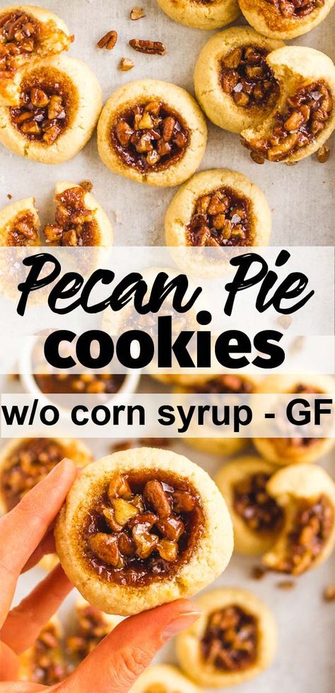 Pecan Pie Cookies (without corn syrup) - Pecan pie cookies are everything good about pecan pie in a cookie form. Soft, buttery cookie with a gooey, maple sweetened pecan pie center. #glutenfree #glutenfreebaking #maplesyrup #pecans #pecanpie #almondflour #cookies #baking #Thanksgivingrecipe #christmas #christmasbaking #christmascookies #dessert #butter | robustrecipes.com Betty Crocker Pecan Pie Cookies, Gluten Free Maple Pecan Cookies, Pecan Pie Cookies Gluten Free, Gluten Free Pecan Pie Cookies, Easy Pecan Pie Cookies, Vegan Pecan Pie Cookies, Pecan Pie Cookies Recipe, Pecan Pie Cupcakes, Bakers Oven