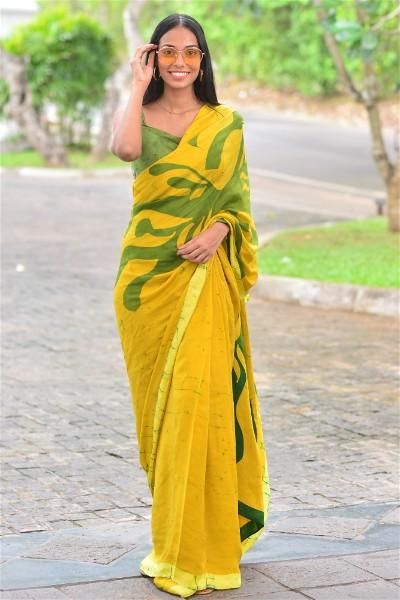 Bathik Saree Jacket Designs, Office Sarees, Bathik Saree, Classy Sarees, Mustard Saree, Shimmer Saree, Batik Saree, Saree Jacket, Saree Jacket Designs