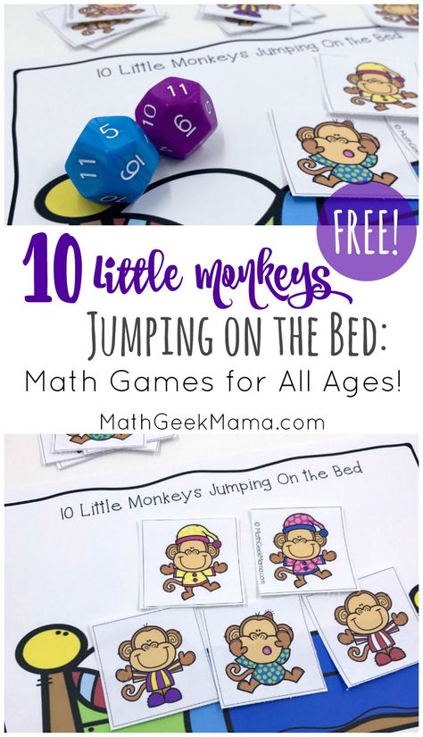 This super simple printable game can be used along with the book or rhyme, "Ten Little Monkeys Jumping on the Bed." The great thing about this game is that is can be used and adapted for nearly any age! So all your kids can practice their math skills together! Easy Math Games, Monkeys Jumping On The Bed, Printable Math Games, Jumping On The Bed, Free Math Resources, Monkey Jump, Five Little Monkeys, Math Geek, Fun Math Activities