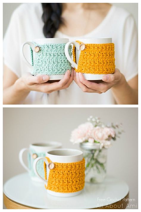 Free Mug Cozy Crochet Pattern, Crochet Mug Cozy And Coaster, Diy Crochet Ornaments, Stitch Cup, Crochet Tea Cup, Cup Cozy Crochet Pattern, Coffee Cozy Pattern, Mug Cozy Pattern, Crochet Cup Coaster