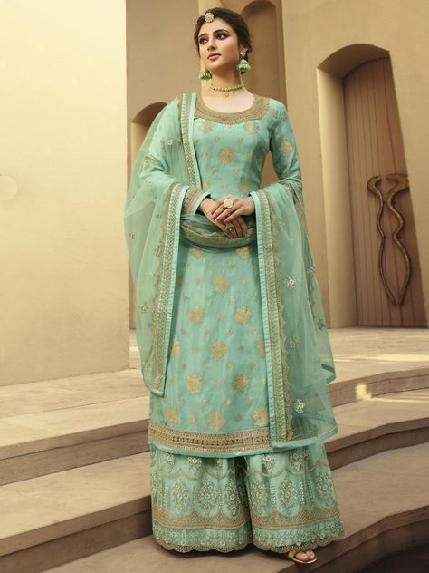 Sea Green Jacquard Partywear Palazzo Suit - inddus-us Wedding Palazzo, Net Sharara, Silk Sharara, Sharara Pants, Palazzo Suit, Lehenga Style, Sharara Suit, Salwar Kamiz, Designer Salwar Suits