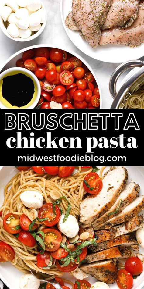 This Bruschetta Chicken Pasta is the perfect way to use up all those fresh summer tomatoes overflowing in your garden right now! Pair the marinated bruschetta with sauteed herb chicken which creates the perfect creamy balsamic pan sauce that coats the al dente spaghetti – and you’ve got a quick and easy weeknight dinner! Bruschetta Chicken And Pasta, Chicken Pasta Balsamic, Bruschetta Dinner Ideas, Margherita Chicken Pasta, Bruschetta Dinner Recipe, Bruschetta Chicken Pasta Tgi Fridays, Chicken Margherita Pasta, Balsamic Chicken Pasta Recipes, Balsamic Pasta Recipes