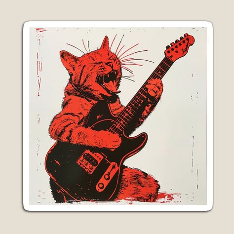 Get my art printed on awesome products. Support me at Redbubble #RBandME: https://www.redbubble.com/i/magnet/Rocker-Rock-Cat-Music-Kitty-Retro-Style-Kitten-Vintage-Cat-by-CreativeArts-S/159859003.TBCTK?asc=u Vintage Cats Illustration, Cat Rock Art, Retro Art Style, Retro Music Art, Punk Cat, Cat Playing Guitar, Rock Cat, Vintage Music Art, Rock Wallpaper