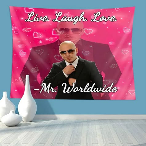 Nothing Says I Need To Feel The ‘Live Laugh Love’ Vibes Better Then Mr. 305, Mr. Worldwide, Pitbull Himself! Invite Your House Guest With Open Arms Showcasing Your Love For The Spicy Music Offer By The Beloved Artist With The Pink Pitbull Themed Wall Flag. Flag Is Made Of Polyester Bundle And Save With Other Fun Finds In Out Store! About Jewelry Box Envy We Are A Local Boutique Located In Sunny South Florida Specializing In Unique And Trendy Finds For The Everyday Women! We Offer Jewelry, Access Mr Worldwide Tapestry, Pitbull Tapestry, Mr World Wide, Mr 305, Funny Room Decor, Dorm Room Tapestry, Mr Worldwide, Funny Tapestry, College Bedroom