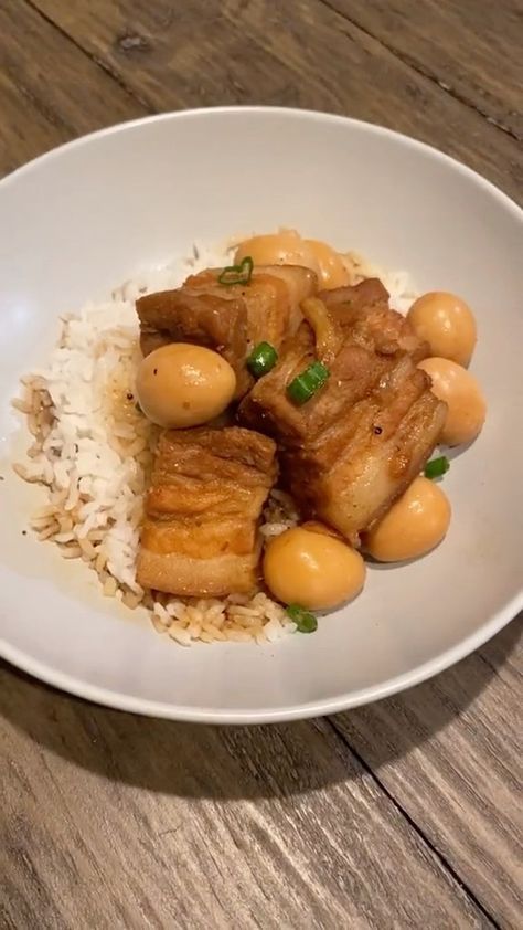 christycooks_ on Instagram: This is a Vietnamese comfort dish called Thit Kho. It’s caramelized, braised pork belly with eggs. My kids love quail eggs so that’s what I… Thit Kho, Boil Eggs, Braised Pork Belly, Steamed Vegetables, Comfort Dishes, Quail Eggs, Braised Pork, Steamed Rice, Hard Boiled Eggs