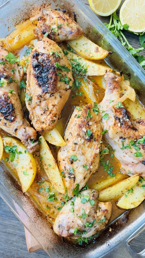 Easy Greek Lemon Chicken with Potatoes - Rana's Recipe Lemon Chicken With Potatoes, Greek Chicken Breast, Greek Chicken And Potatoes, Greek Grilled Chicken, Chicken Potato Bake, Garlic Baked, Chicken With Potatoes, Greek Lemon Chicken, Chicken And Potatoes