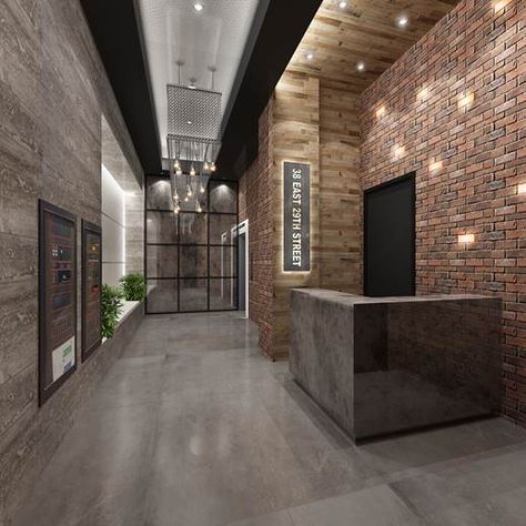 Industrial Lobby Design Offices, Lobby Industrial Design, Industrial Hotel Lobby, Industrial Reception Area, Industrial Interior Design Commercial, Apartment Building Lobby Design, Industrial Reception Design, Industrial Lobby Design, Building Lobby Design