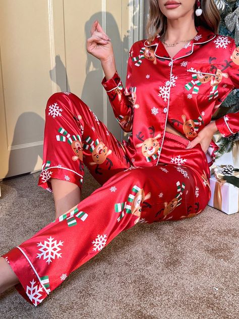 Christmas Print Contrast Piping Satin PJ SetI discovered amazing products on SHEIN.com, come check them out! Christmas Pjs Women, Silk Pjs, Christmas Pj, Satin Pj Set, Silk Pajama Set, Christmas Pjs, Cute Christmas Gifts, Traje Casual, Blouse Pants