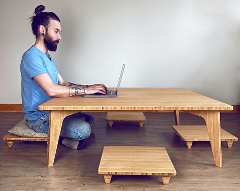 Japanese Floor Seating, Japanese Dining Table, Projek Kayu, Large Square Coffee Table, Floor Desk, Japanese Table, Japanese Dining, Low Chair, Low Coffee Table