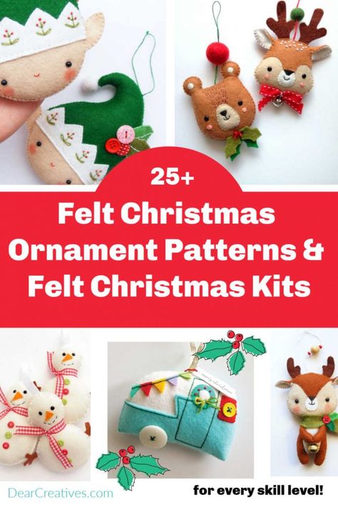 Felt Christmas Ornament Patterns And Kits For All Skill Levels - Dear Creatives Felt Christmas Ornament Patterns, Felt Ornament Patterns, Christmas Deer Decorations, Pinterest Christmas Crafts, Diy Felt Christmas Ornaments, Felt Craft Projects, Felt Ornaments Patterns, Ornaments To Make, Christmas Light Ornament