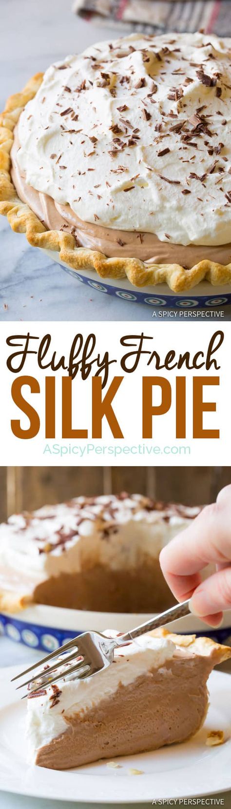 The Best French Chocolate Silk Pie Recipe: An easy chocolate silk pie whipped up with a secret ingredient, to make it super silky light. Enjoy! #aspicyperspective #foodblog #foodie #instayum #hungry #thekitchn #onmytable #dailyfoodfeed #foodlove #foodpic #instafood #foodstagram #tasty #frenchsilkpierecipe #frenchsilkpie #silkpie #chocolatecreampie #chocolatepie #creampie #pie #French #dessert French Silk Pie Recipe, Chocolate Silk Pie Recipe, Silk Pie Recipe, Chocolate Silk Pie, French Silk Pie, Silk Pie, Chocolate Cream Pie, Dessert Aux Fruits, French Silk