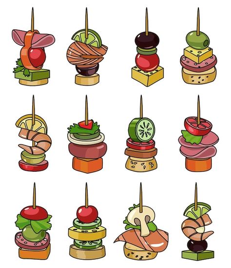 Canape of appetizer color vector illustr... | Premium Vector #Freepik #vector #canape #tapas #sandwich-illustration #buffet Canape Illustration, Tapas Illustration, Sandwich Illustration, Tapas Spain, Cold Appetizer, Collagen Recipes, Canapes Recipes, Menu Illustration, Stick Drawings