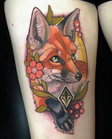 Neotraditional fox tattoo on the back of the thigh by levi murphy Neo Traditional Fox Tattoo, Traditional Fox Tattoo, Traditional Tattoo Reference, Fox Tattoo Design, Traditional Style Tattoo, Tattoo Traditional, Fox Tattoo, Traditional Tattoo Design, Classic Tattoo