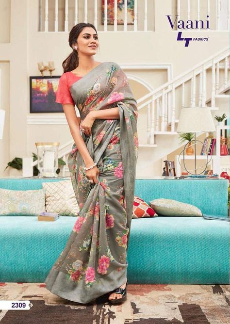 Lenin Saree Blouse Designs, Fancy Sarees Latest, Floral Print Saree, Silk Saree Blouse Designs Patterns, Blouse Designs High Neck, Floral Print Sarees, Traditional Blouse Designs, Fancy Sarees Party Wear, Sari Blouse Designs