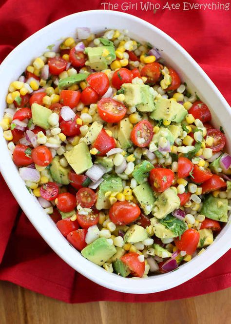 Corn, Avocado and Tomato Salad | 27 Perfect Potluck Dishes For A Summer BBQ Corn Avocado And Tomato Salad, Avocado And Tomato, Corn Avocado, Potluck Dishes, S'mores, Idee Pasto Sano, Tomato Salad, Summer Salads, Delicious Salads