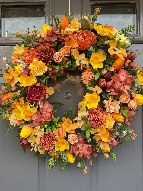 Beautiful Tulip & Daffodil Artificial Wreath / Home Door Decor / Orange Yellow Lemon Wreath / New Home Gift / Blossom Ferns Mini Roses Home Door Decor, Lemon Wreath, Home Door, Artificial Wreath, Mini Roses, Home Doors, Door Decor, New Home Gifts, Daffodils