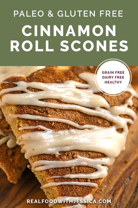 Paleo Cinnamon Roll Scones - Real Food with Jessica Gluten Free Cinnamon Roll Scones, Gluten Free Sourdough Discard Scones, Gluten Free Cinnamon Scones, Gluten Free Scones Recipe Almond Flour, Gf Scones Gluten Free, Gluten Free Sourdough Scones, Gluten Free Scones Easy, Gluten Free Scones Recipe, Gf Scones