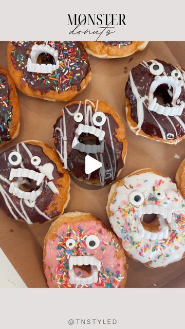 Tara Tedesco | Tnstyled on Instagram: "MONSTER DONUTS! 👹🍩

Comment “DONUT” and I’ll send you these inexpensive teeth and the candy eyes! I used two sizes and thought these came out so cool!

These would be the perfect Halloween party treat. Who doesn’t like donuts?!

#donuts #halloween #halloweendesserts #halloweenkidsparty Halloween party ideas, Halloween kids ideas, Halloween party," Halloween Donuts With Teeth, Halloween Doughnuts With Teeth, Donuts With Vampire Teeth, Donut Hole Halloween Treats, Scary Donuts Halloween, Donut Halloween Costume, Halloween Monster Donut Treats, Halloween Donuts, Perfect Halloween Party