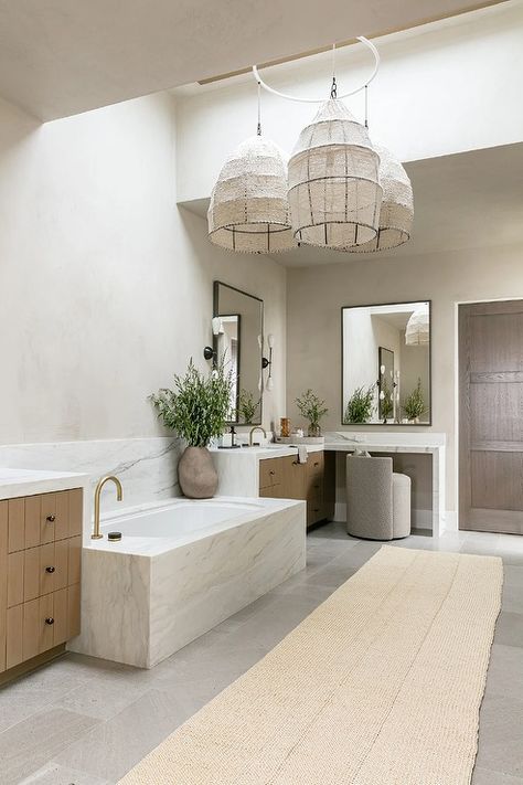 Marble Waterfall Makeup Vanity with Gray Swivel Stool - Transitional - Bathroom White Herringbone Floor, Square Wooden Coffee Table, Brooke Wagner Design, Livng Room, Brooke Wagner, Waterfall Countertop, Blue Kitchen Island, Glass Doors Patio, Cottage Style Kitchen