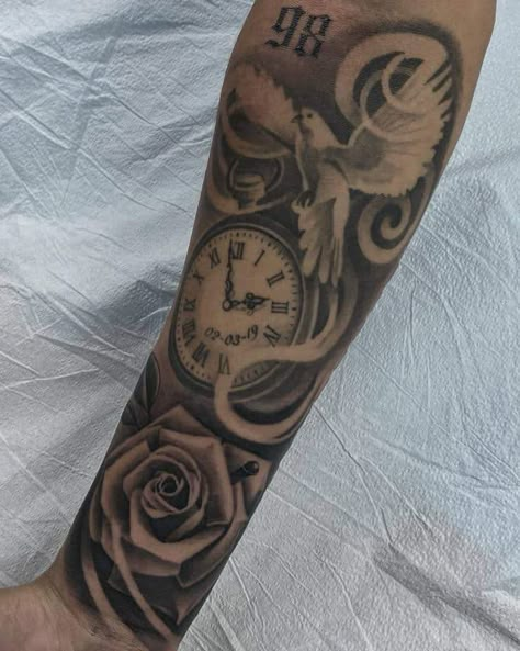 Roses And Roman Numerals Tattoo, Creative Tattoo Sleeve, Best Shoulder Tattoos Men, Tattoo Sleeve Filler Ideas, Sleeve Filler Ideas, Filler Tattoo Designs, Tattoo Filler Ideas, Sleeve Filler, Sleeve Tattoos For Black Women