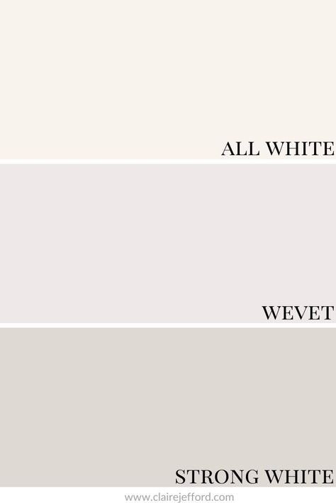 Farrow & Ball whites - All White, Wevet and Strong White all work beautifully with Railing No. 31. Learn more about this colour here. Farrow And Ball Wevet Living Rooms, Farrow And Ball White Kitchen, Farrow And Ball Strong White Kitchen, Farrow And Ball Wevet Kitchen, Wevet Farrow And Ball Bedrooms, Hallway Farrow And Ball Paint Colors, Wevet Farrow And Ball Hallway, Strong White Farrow And Ball Hallway, Farrow And Ball Colour Schemes Hallways