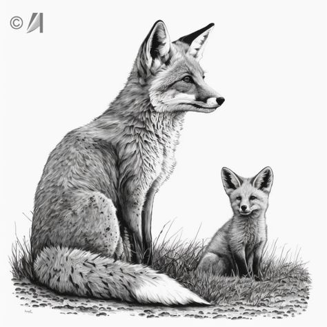 A mother fox and her kit Fox Family Tattoo, Fox Concept Art, Cubs Tattoo, Eagle Tattoo, Fox Tattoo, Fox Illustration, Leg Sleeve, Baby Tattoos, Family Tattoos