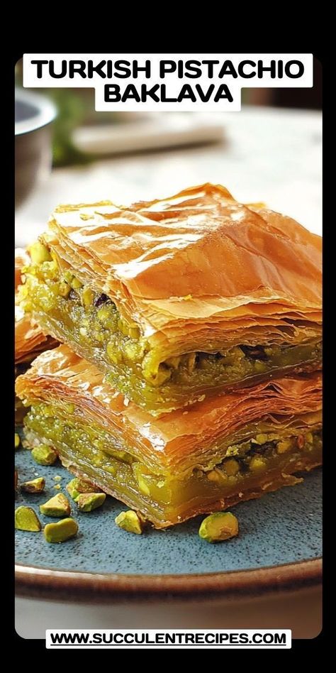 Discover the art of Turkish Pistachio Baklava, made with golden phyllo layers, crushed pistachios, and a perfectly balanced honey syrup. Baklava Recipe Pistachio, Dubai Recipes, Turkish Baklava Recipe, Pistachio Baklava Recipe, Gluten Free Baklava, Baklava Pistachio, Pistachio Crumble, Philo Dough, Baklava Dessert