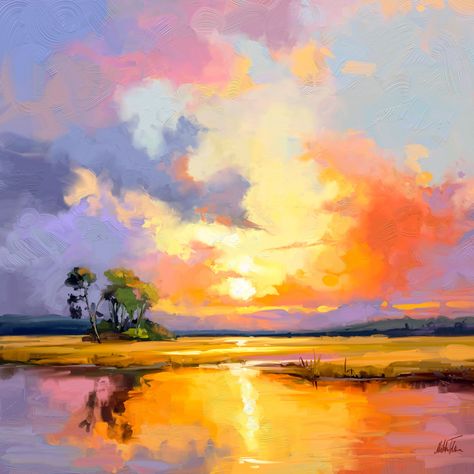 ~ Last sun rays of sun ~... - The Art of Mikko Tyllinen Oil Painting Basics, Ocean Landscape Painting, Colorful Landscape Paintings, Digital Oil Painting, Landscape Art Painting, Sunset Art, Nature Art Painting, Sunset Painting, Abstract Landscape Painting