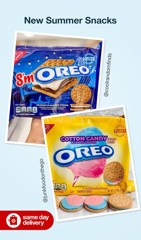 Your go-to snack + summer flavors = yum! Try Oreo with a twist—cotton candy cream or s’more inspired for an easy, anytime treat. Get it delivered today for your next pool party or road trip. Crispy Chocolate Chip Cookies, Oreo Flavors, Colorful Desserts, Delicacy Food, Tasty Baking, Summer Snacks, Easy Snack Recipes, Easy Baking Recipes Desserts, Sweet Snacks Recipes