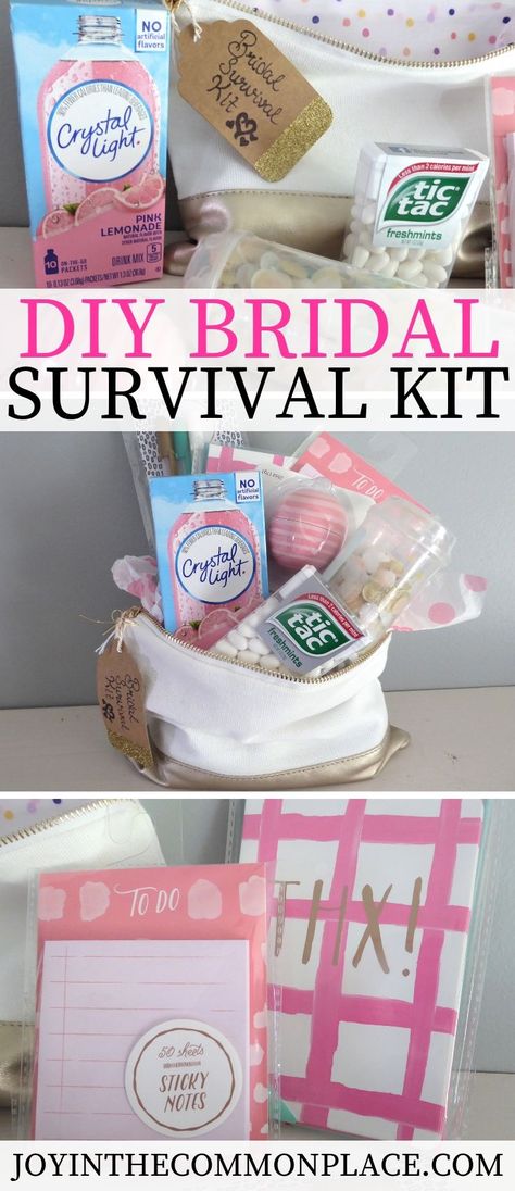 Are you looking for bridal shower gift ideas? Try creating a bride's emergency or survival kit. The bride to be can bring these useful items along on her wedding day! #wedding #bridalshower #survivalkit #emergencykit #giftideas #gifts #bridetobe #weddingday Bridal Shower Gifts For Bride Ideas, Bridal Kit, Survival Gifts, Bride Basket, Bride Survival Kit, Bride Emergency Kit, Creative Bridal Shower Gifts, Bridal Shower Gift Ideas, Shower Checklist