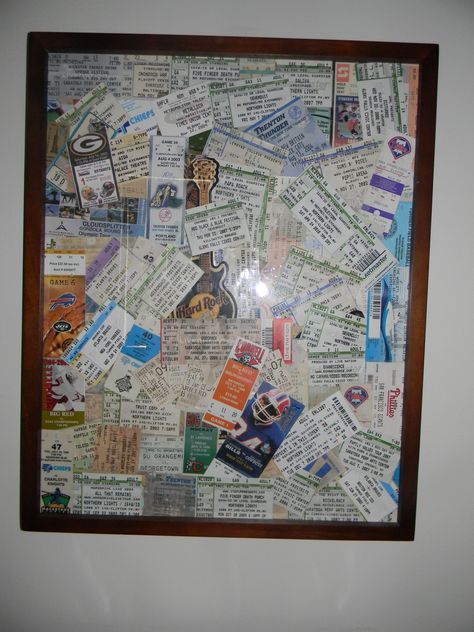 old concert and sports tickets in a simple frame Framed Concert Tickets, Concert Ticket Display Ideas, Movie Ticket Display, Sports Tickets Display, Ticket Display Ideas, Ticket Stubs Display, Concert Tickets Display, Memory Wall Ideas, Concert Ticket Display