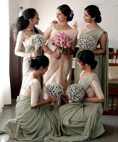 Bridesmaid Dresses Indian Christian, Kerala Christian Wedding Flower Girls Dress, Bridesmaid Saree Ideas, Indian Christian Wedding Ideas, Kerala Bridesmaid Dresses, Christian Wedding Saree Collection, Dress Code For Kerala Wedding, South Indian Bridesmaids Outfits, Indian Bridesmaids Saree