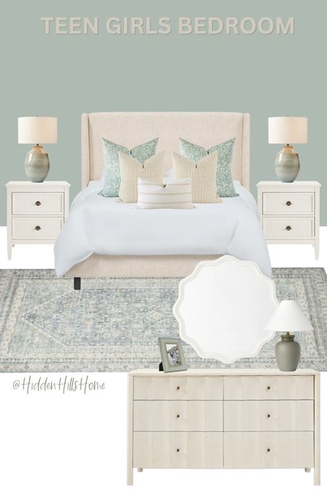 Cute teen girls bedroom decor mood board with cream and seafoam green color palette! Sea Foam Green Bedroom Ideas, Mint Green Girls Bedroom, Sage Green And Blue Bedroom, Sw Quietude, Bedroom Ideas Sage, Bedroom Ideas Sage Green, Teen Bedroom Green, Wednesday Room, Seafoam Green Bedroom